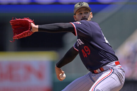 May 21, 2023; Anaheim, California, USA; Minnesota Twins starting pitcher Pablo Lopez (49) throws to the plate in the first inning against the Los Angeles Angels at Angel Stadium.