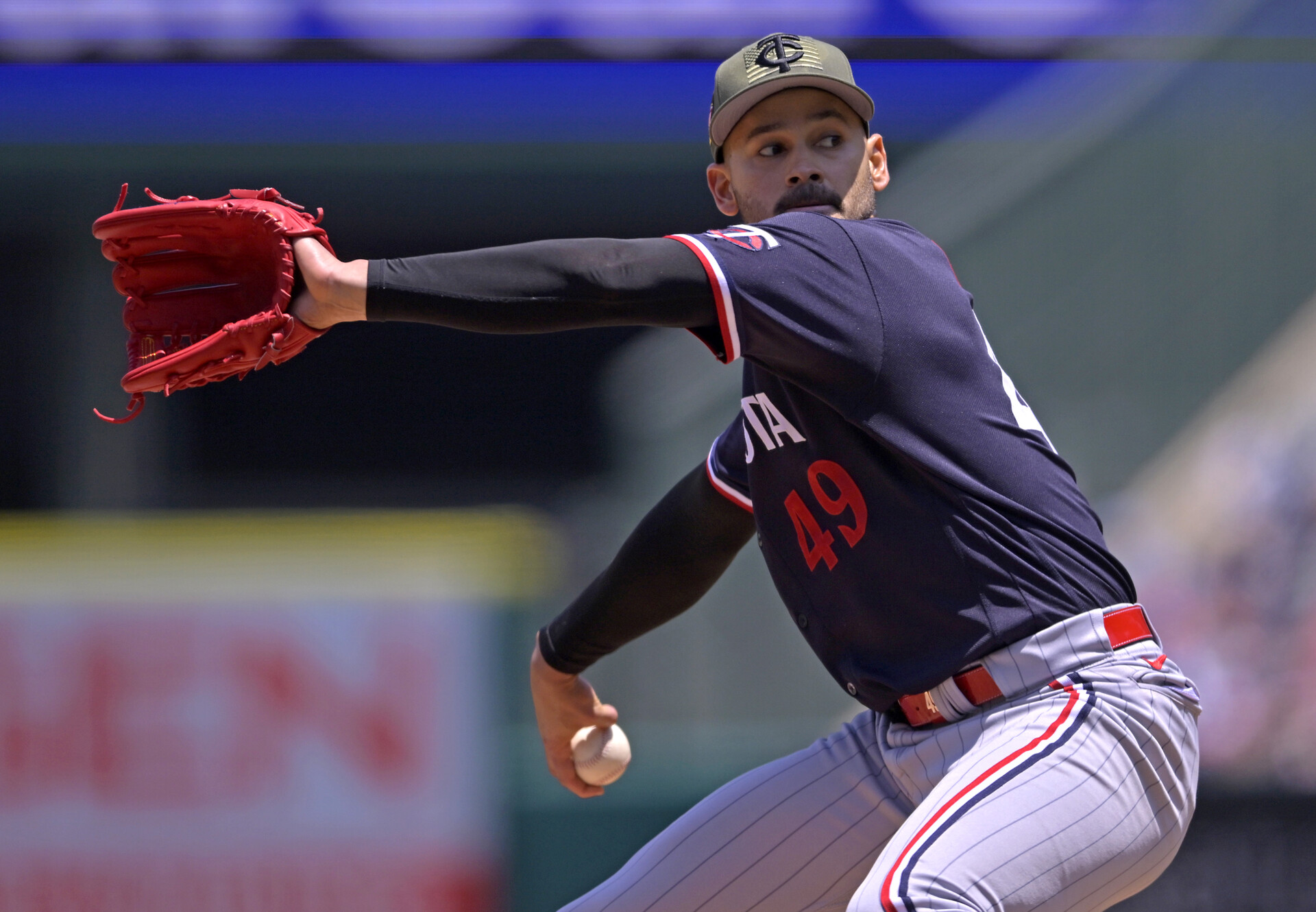 May 21, 2023; Anaheim, California, USA; Minnesota Twins starting pitcher Pablo Lopez (49) throws to the plate in the first inning against the Los Angeles Angels at Angel Stadium.