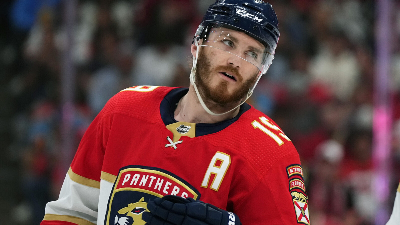 Florida Panthers left wing Matthew Tkachuk (19) skates on the ice against the Carolina Hurricanes during the second period in game three of the Eastern Conference Finals of the 2023 Stanley Cup Playoffs at FLA Live Arena.