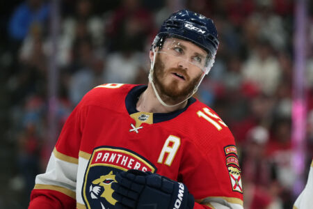 Florida Panthers left wing Matthew Tkachuk (19) skates on the ice against the Carolina Hurricanes during the second period in game three of the Eastern Conference Finals of the 2023 Stanley Cup Playoffs at FLA Live Arena.