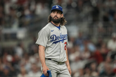 May 24, 2023; Cumberland, Georgia, USA; Los Angeles Dodgers starting pitcher Tony Gonsolin (26) leaves the field after being removed from the game against the Atlanta Braves during the sixth inning at Truist Park.