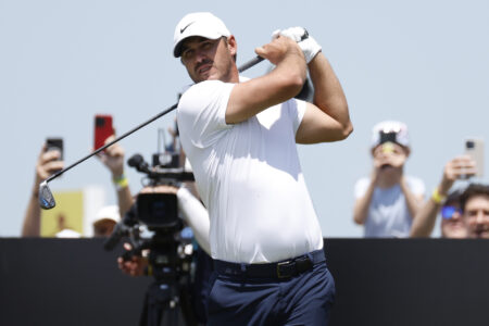 May 26, 2023; Washington, DC, USA; Brooks Koepka hits his tee shot on the first hole during the first round of the LIV Golf DC 2023 tournament at Trump National Golf Club in Sterling, Va.
