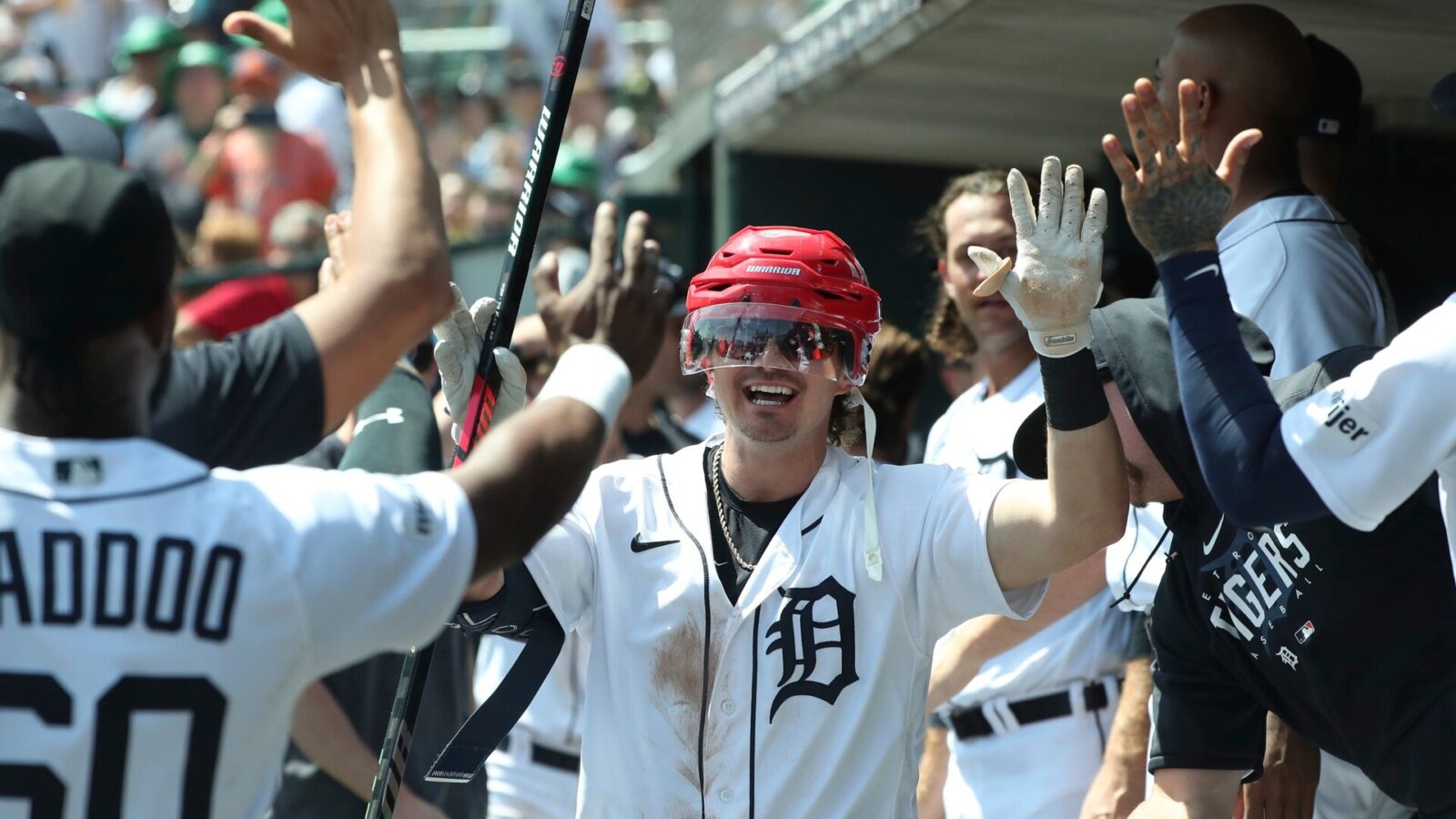Zach McKinstry celebrates his homer against Chicago White Sox relief pitcher Joe Kelly during seventh-inning action Saturday, May 27, 2023 at Comerica Park in Detroit.