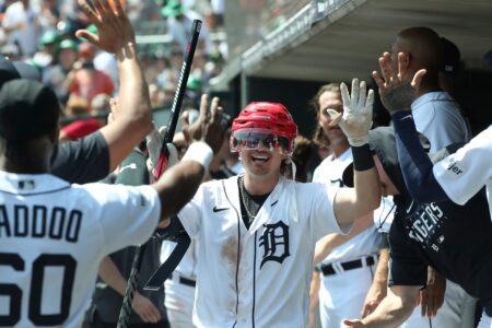 Zach McKinstry celebrates his homer against Chicago White Sox relief pitcher Joe Kelly during seventh-inning action Saturday, May 27, 2023 at Comerica Park in Detroit.