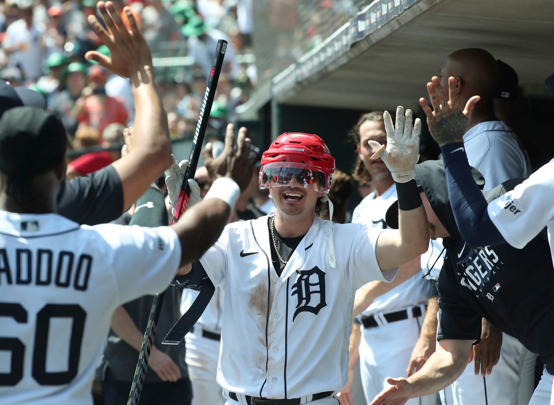 Zach McKinstry celebrates his homer against Chicago White Sox relief pitcher Joe Kelly during seventh-inning action Saturday, May 27, 2023 at Comerica Park in Detroit.