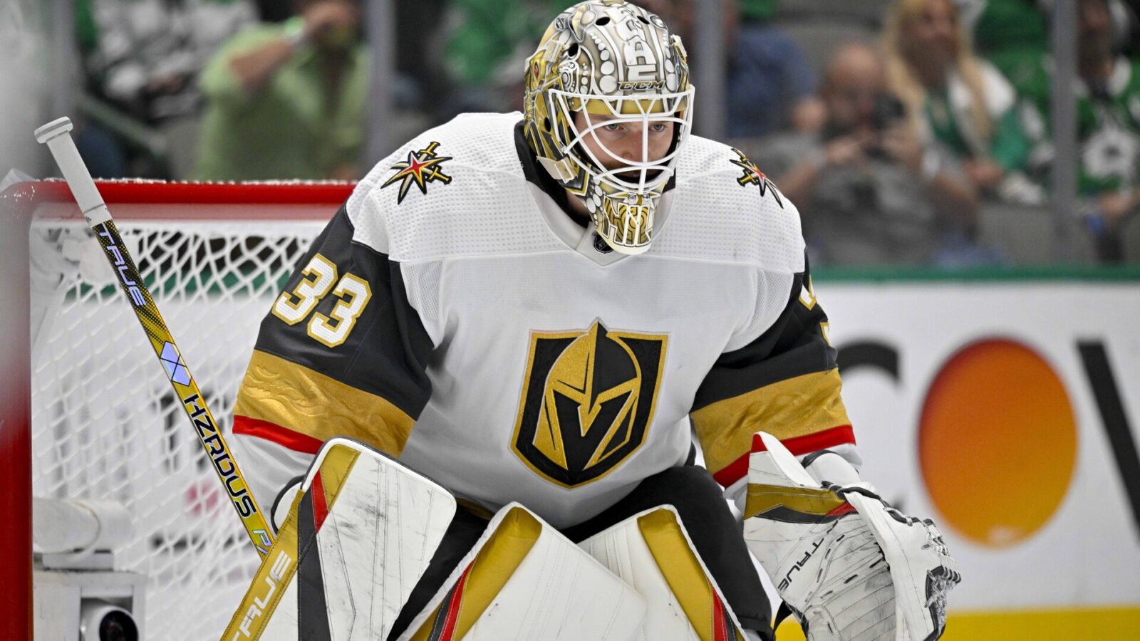 Vegas Golden Knights goaltender Adin Hill (33) faces the Dallas Stars attack during the third period in game six of the Western Conference Finals of the 2023 Stanley Cup Playoffs at American Airlines Center.