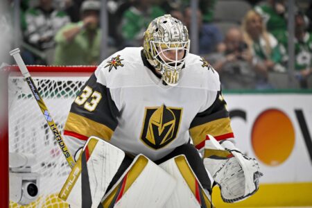 Vegas Golden Knights goaltender Adin Hill (33) faces the Dallas Stars attack during the third period in game six of the Western Conference Finals of the 2023 Stanley Cup Playoffs at American Airlines Center.