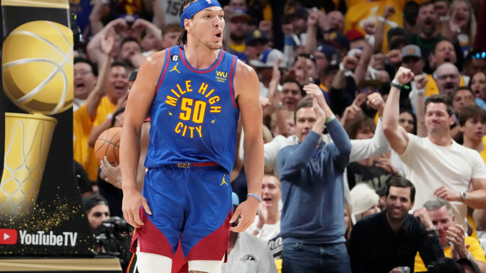 Denver Nuggets forward Aaron Gordon (50) reacts after a play against the Miami Heat during the first quarter in game one of the 2023 NBA Finals at Ball Arena.