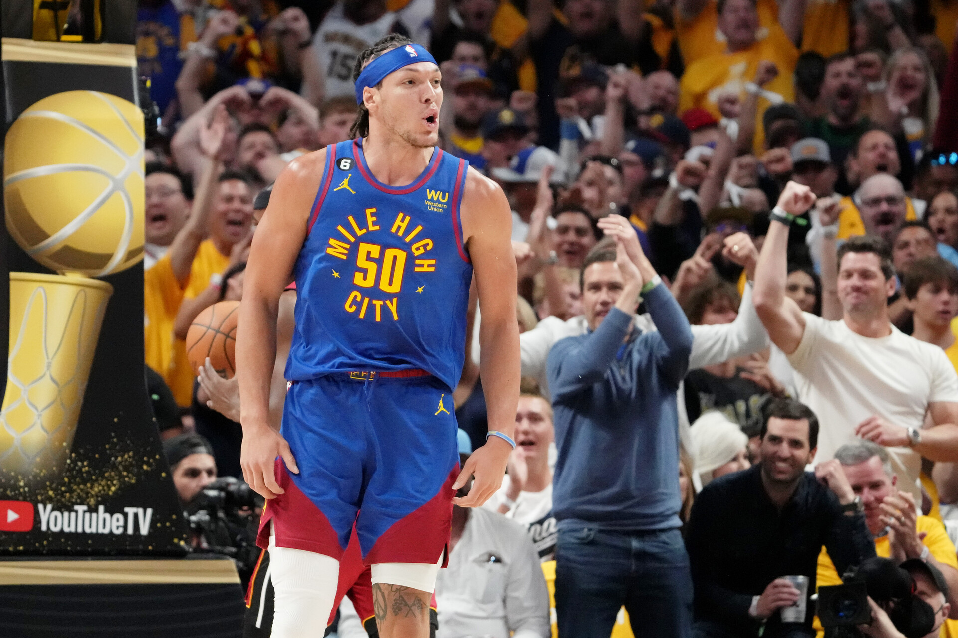 Denver Nuggets forward Aaron Gordon (50) reacts after a play against the Miami Heat during the first quarter in game one of the 2023 NBA Finals at Ball Arena.