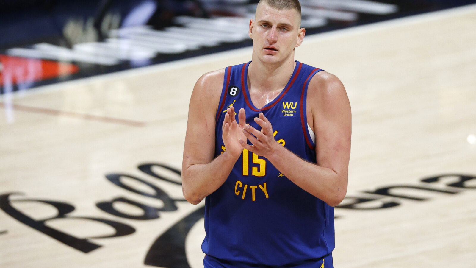 Jun 1, 2023; Denver, CO, USA; Denver Nuggets center Nikola Jokic (15) celebrates after game one of the 2023 NBA Finals against the Miami Heat at Ball Arena.