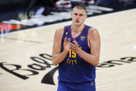 Jun 1, 2023; Denver, CO, USA; Denver Nuggets center Nikola Jokic (15) celebrates after game one of the 2023 NBA Finals against the Miami Heat at Ball Arena.