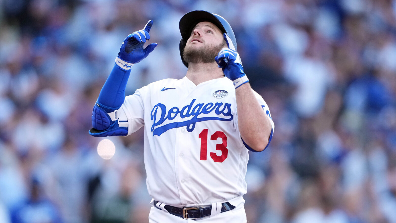 Jun 2, 2023; Los Angeles, California, USA; Los Angeles Dodgers third baseman Max Muncy (13) celebrates after hitting a two-run home run in the first inning against the New York Yankees at Dodger Stadium.