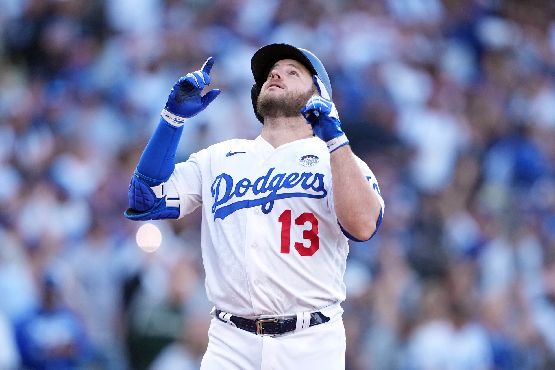 Jun 2, 2023; Los Angeles, California, USA; Los Angeles Dodgers third baseman Max Muncy (13) celebrates after hitting a two-run home run in the first inning against the New York Yankees at Dodger Stadium.