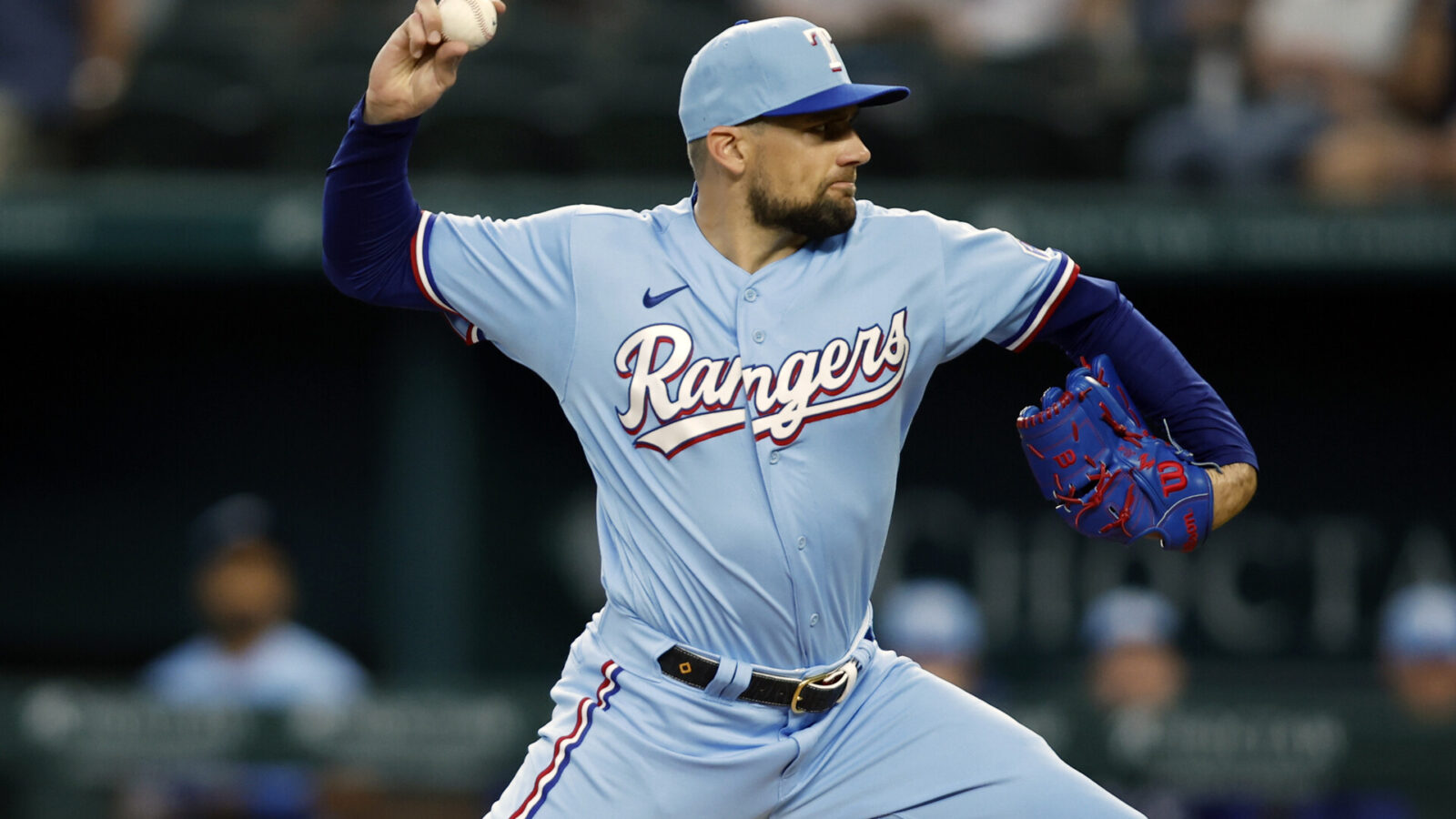 Jun 4, 2023; Arlington, Texas, USA; Texas Rangers starting pitcher Nathan Eovaldi (17) throws a pitch in the first inning against the Seattle Mariners at Globe Life Field.