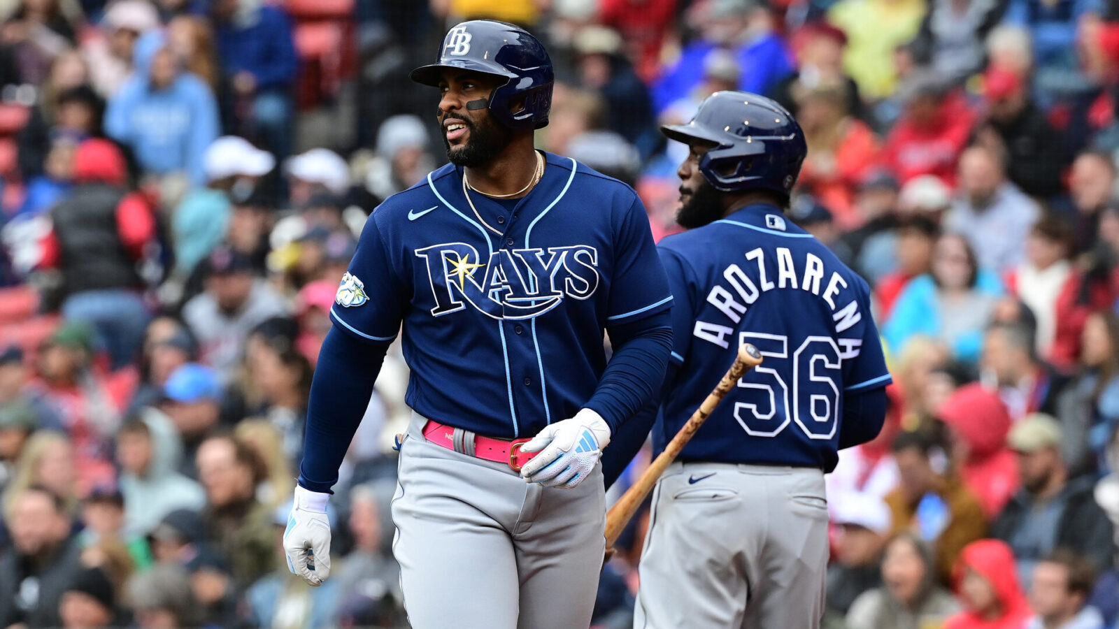 Jun 4, 2023; Boston, Massachusetts, USA; Tampa Bay Rays designated hitter Yandy Diaz (2) celebrates scoring on his RBI single after a throwing error by the Boston Red Sox during the sixth inning at Fenway Park.