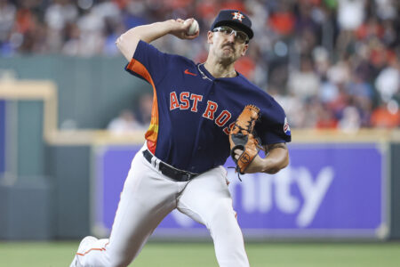 Jun 4, 2023; Houston, Texas, USA; Houston Astros starting pitcher J.P. France (68) delivers a pitch during the fourth inning against the Los Angeles Angels at Minute Maid Park.