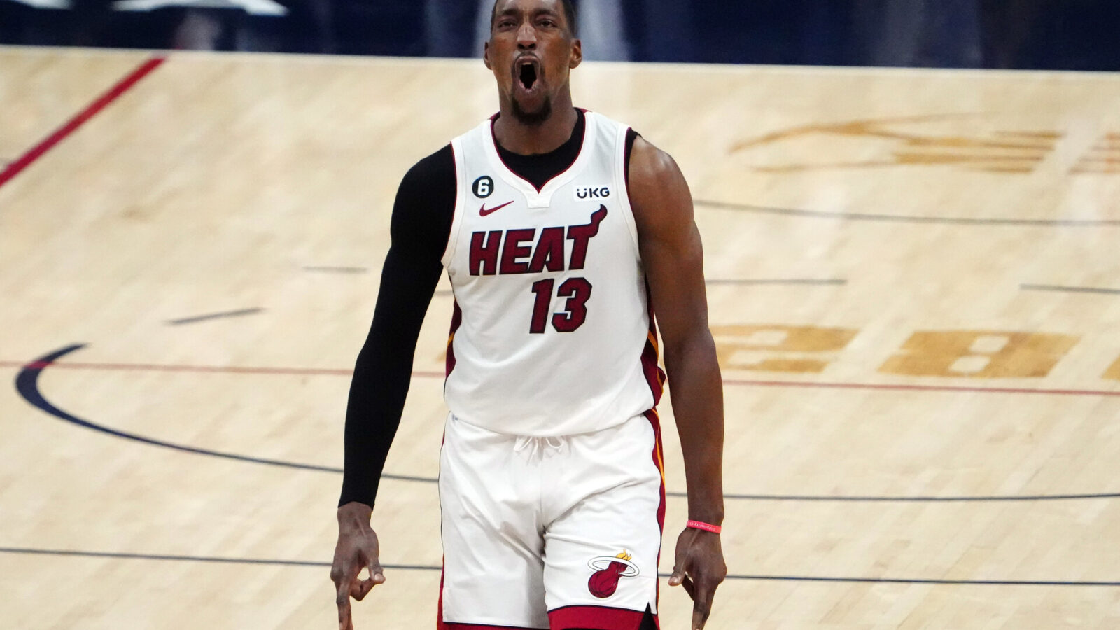 Jun 4, 2023; Denver, CO, USA; Miami Heat center Bam Adebayo (13) reacts in the fourth quarter against the Denver Nuggets in game two of the 2023 NBA Finals at Ball Arena.