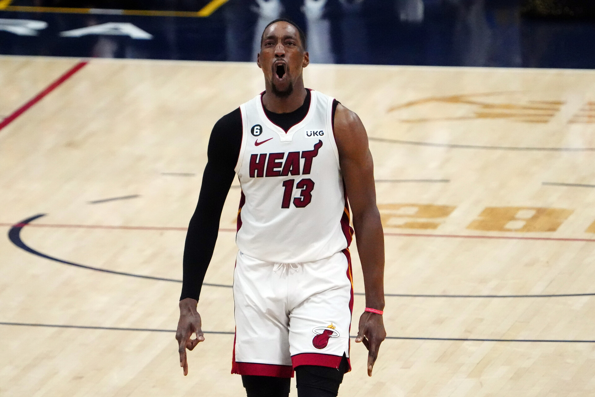 Jun 4, 2023; Denver, CO, USA; Miami Heat center Bam Adebayo (13) reacts in the fourth quarter against the Denver Nuggets in game two of the 2023 NBA Finals at Ball Arena.