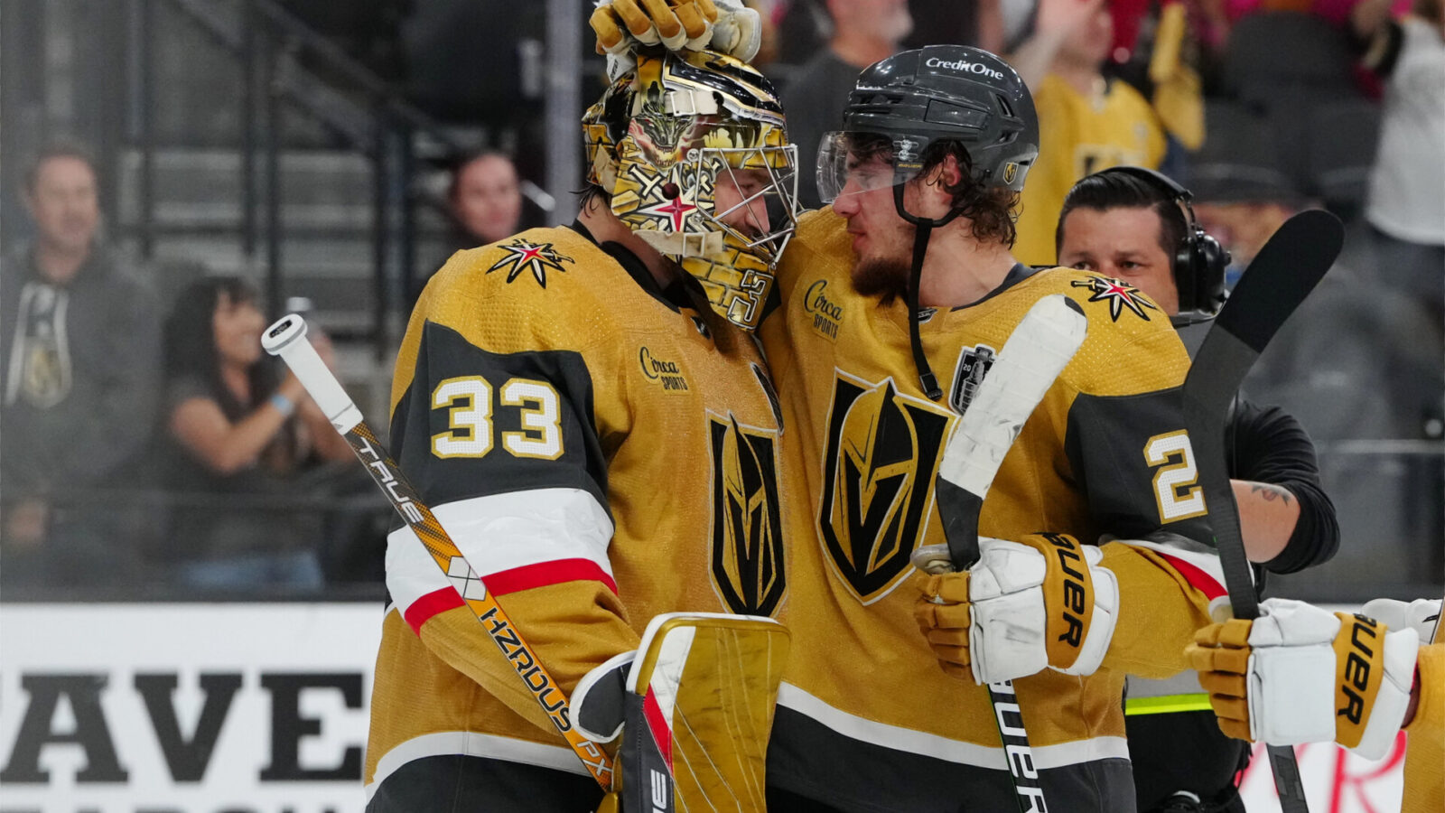 Vegas Golden Knights goaltender Adin Hill (33) celebrates with defenseman Zach Whitecloud (2) after defeating the Florida Panthers in game two of the 2023 Stanley Cup Final at T-Mobile Arena.