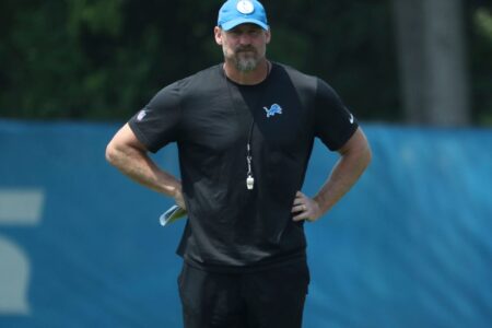 Lions coach Dan Campbell watches the action during minicamp on Thursday, June 8, 2023, in Allen Park.