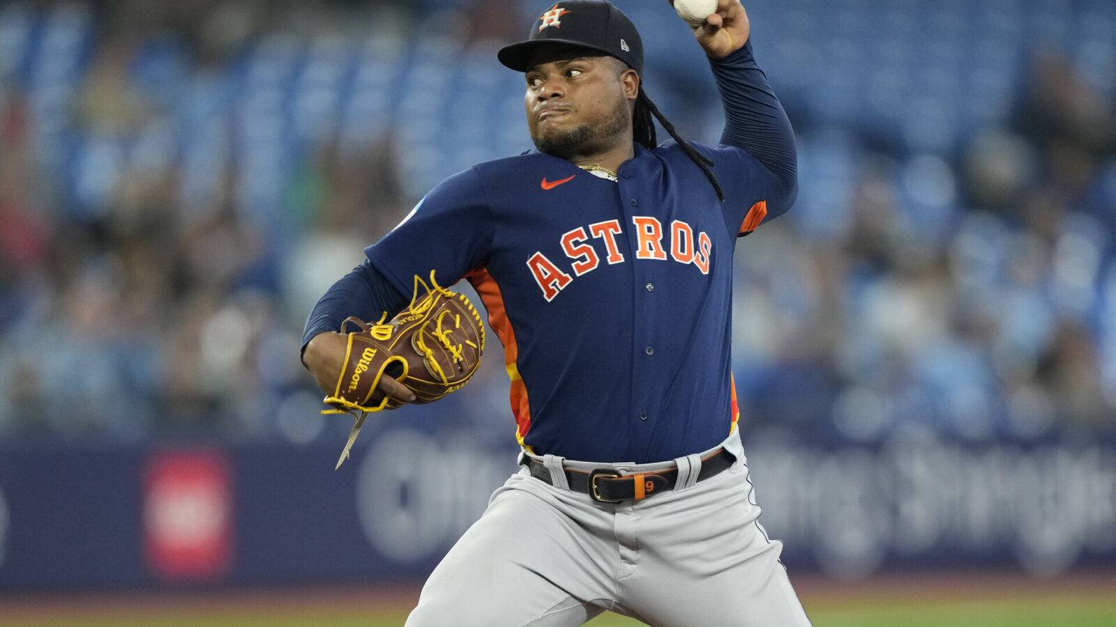 Jun 8, 2023; Toronto, Ontario, CAN; Houston Astros starting pitcher Framber Valdez (59) pitches to the Toronto Blue Jays during the fifth inning at Rogers Centre.