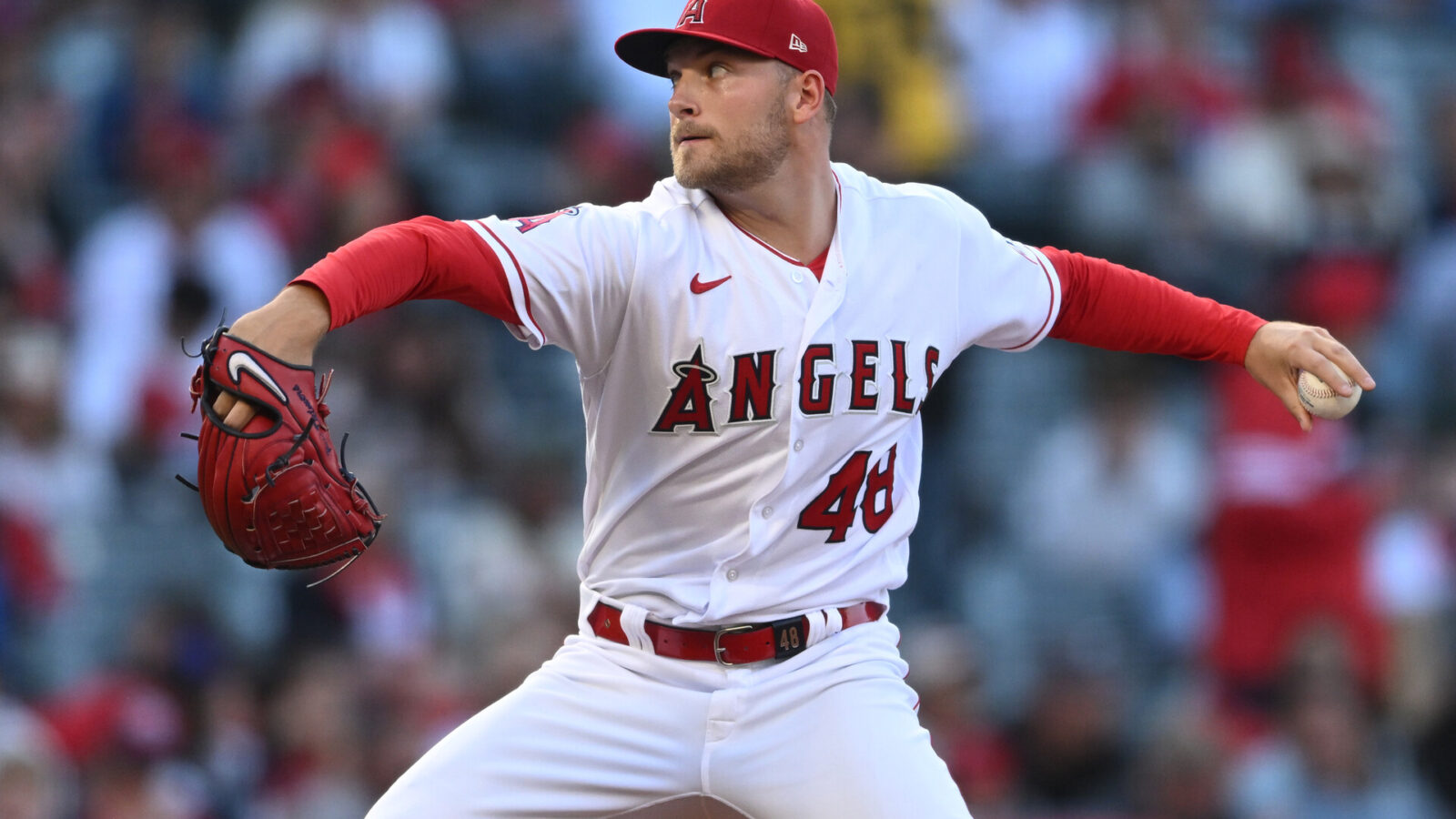 Jun 8, 2023; Anaheim, California, USA; Los Angeles Angels starting pitcher Reid Detmers (48) throws to the plate in the first inning against the Chicago Cubs at Angel Stadium.