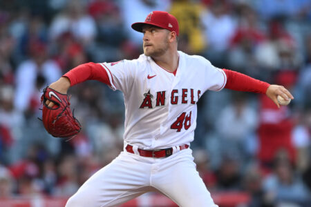Jun 8, 2023; Anaheim, California, USA; Los Angeles Angels starting pitcher Reid Detmers (48) throws to the plate in the first inning against the Chicago Cubs at Angel Stadium.