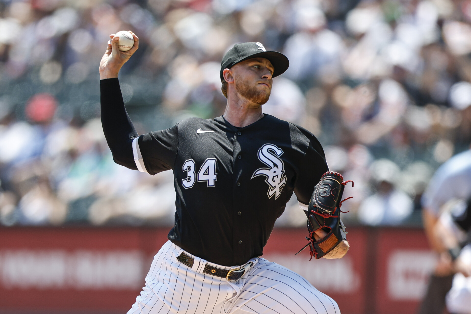 Jun 10, 2023; Chicago, Illinois, USA; Chicago White Sox starting pitcher Michael Kopech (34) pitches against the Miami Marlins during the first inning at Guaranteed Rate Field.