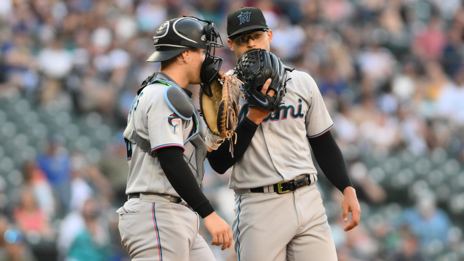 Jun 12, 2023; Seattle, Washington, USA; Miami Marlins catcher Nick Fortes (4) and starting pitcher Jesus Luzardo (44) talk on the mound during the fourth inning against the Seattle Mariners at T-Mobile Park.