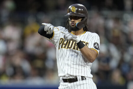 Jun 14, 2023; San Diego, California, USA; San Diego Padres right fielder Fernando Tatis Jr. (23) reacts to his double against the Cleveland Guardians during the fourth inning at Petco Park.