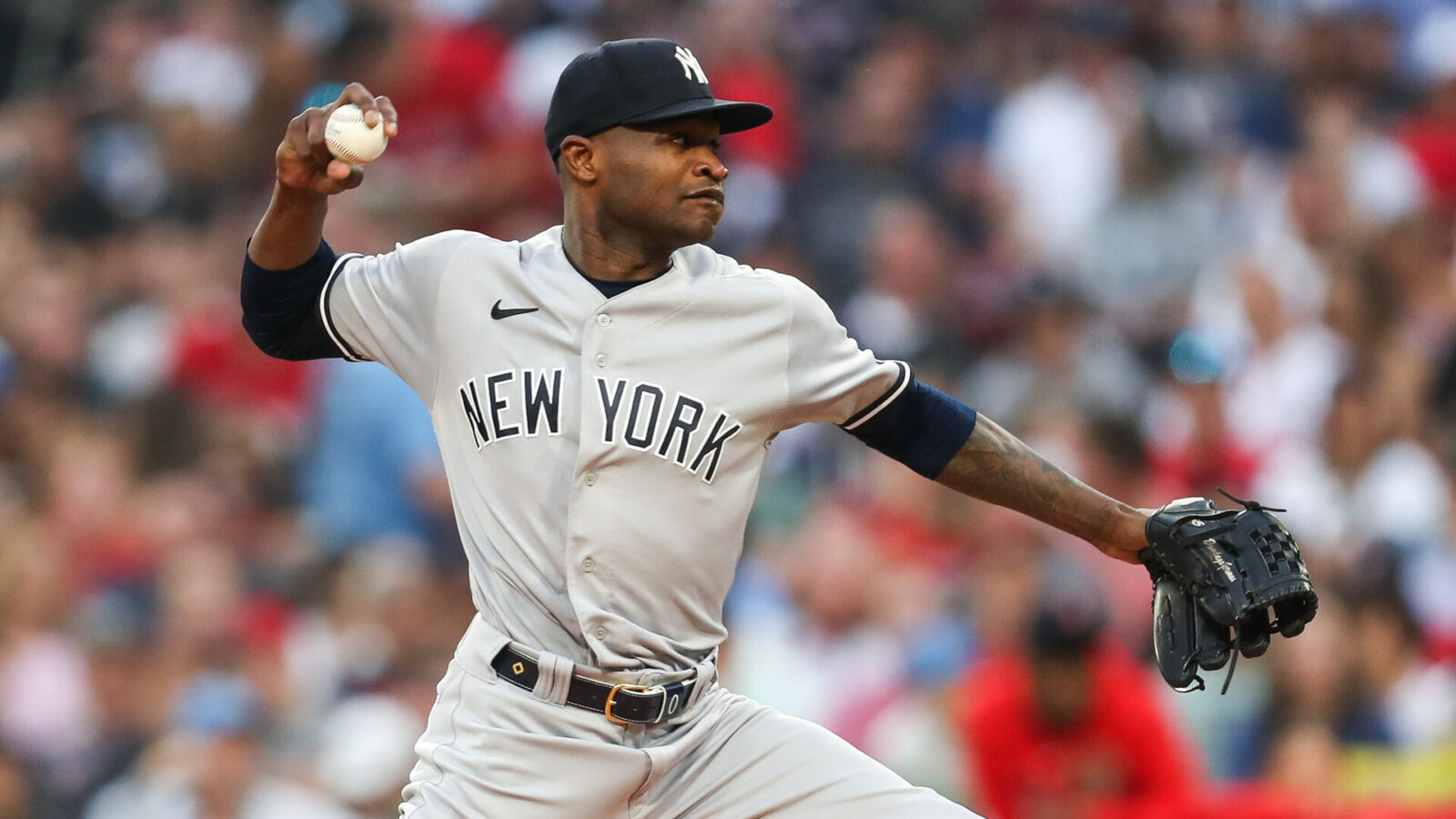 Jun 16, 2023; Boston, Massachusetts, USA; New York Yankees starting pitcher Domingo German (0) throws a pitch during the first inning against the Boston Red Sox at Fenway Park
