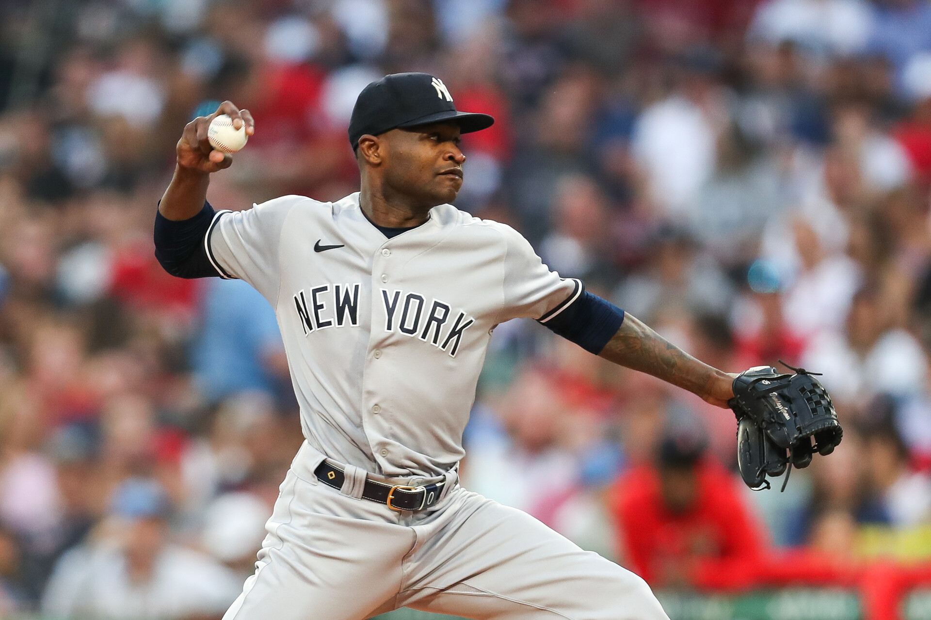 Jun 16, 2023; Boston, Massachusetts, USA; New York Yankees starting pitcher Domingo German (0) throws a pitch during the first inning against the Boston Red Sox at Fenway Park