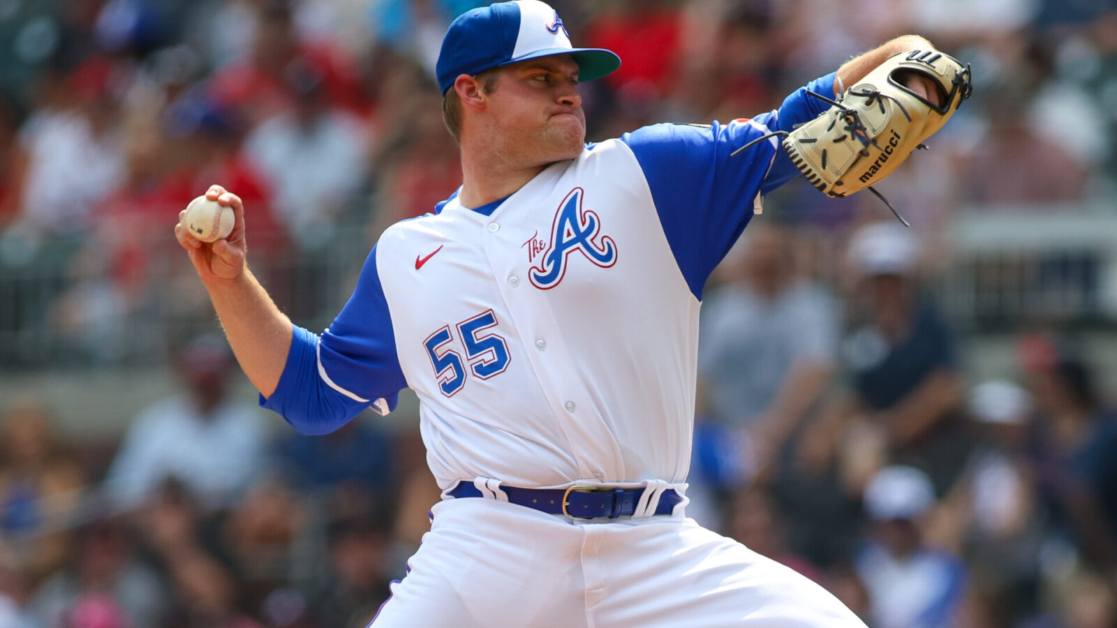 Jun 17, 2023; Atlanta, Georgia, USA; Atlanta Braves starting pitcher Bryce Elder (55) throws against the Colorado Rockies in the first inning at Truist Park.