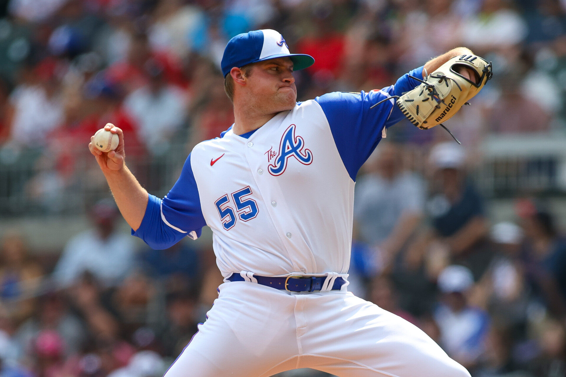 Jun 17, 2023; Atlanta, Georgia, USA; Atlanta Braves starting pitcher Bryce Elder (55) throws against the Colorado Rockies in the first inning at Truist Park.