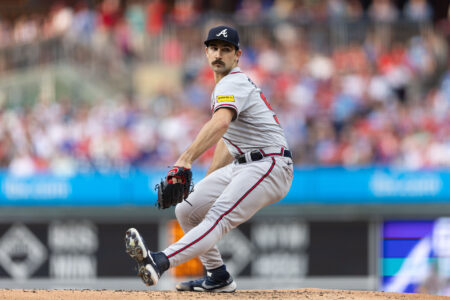 Jun 20, 2023; Philadelphia, Pennsylvania, USA; Atlanta Braves starting pitcher Spencer Strider (99) throws a pitch during the second inning against the Philadelphia Phillies at Citizens Bank Park.