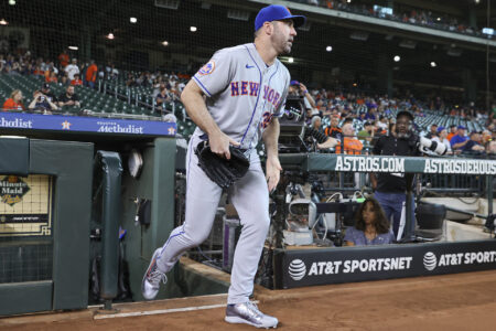 Jun 20, 2023; Houston, Texas, USA; New York Mets starting pitcher Justin Verlander (35) walks onto the field before the game against the Houston Astros at Minute Maid Park.