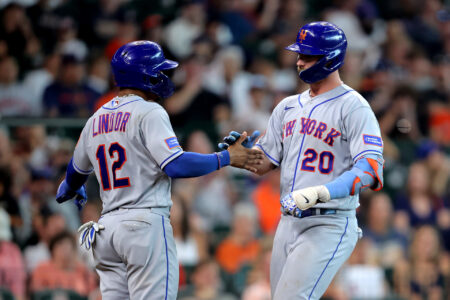 Jun 21, 2023; Houston, Texas, USA; New York Mets first baseman Pete Alonso (20) is congratulated by shortstop Francisco Lindor (12) after hitting a two-run home run against the Houston Astros during the sixth inning at Minute Maid Park.
