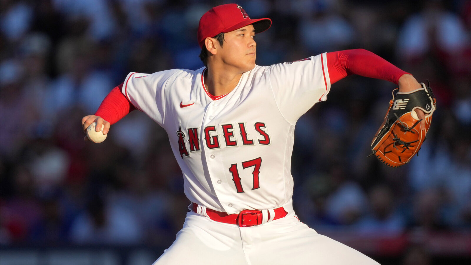 Jun 21, 2023; Anaheim, California, USA; Los Angeles Angels starting pitcher Shohei Ohtani (17) throws in the third inning against the Los Angeles Dodgers at Angel Stadium.