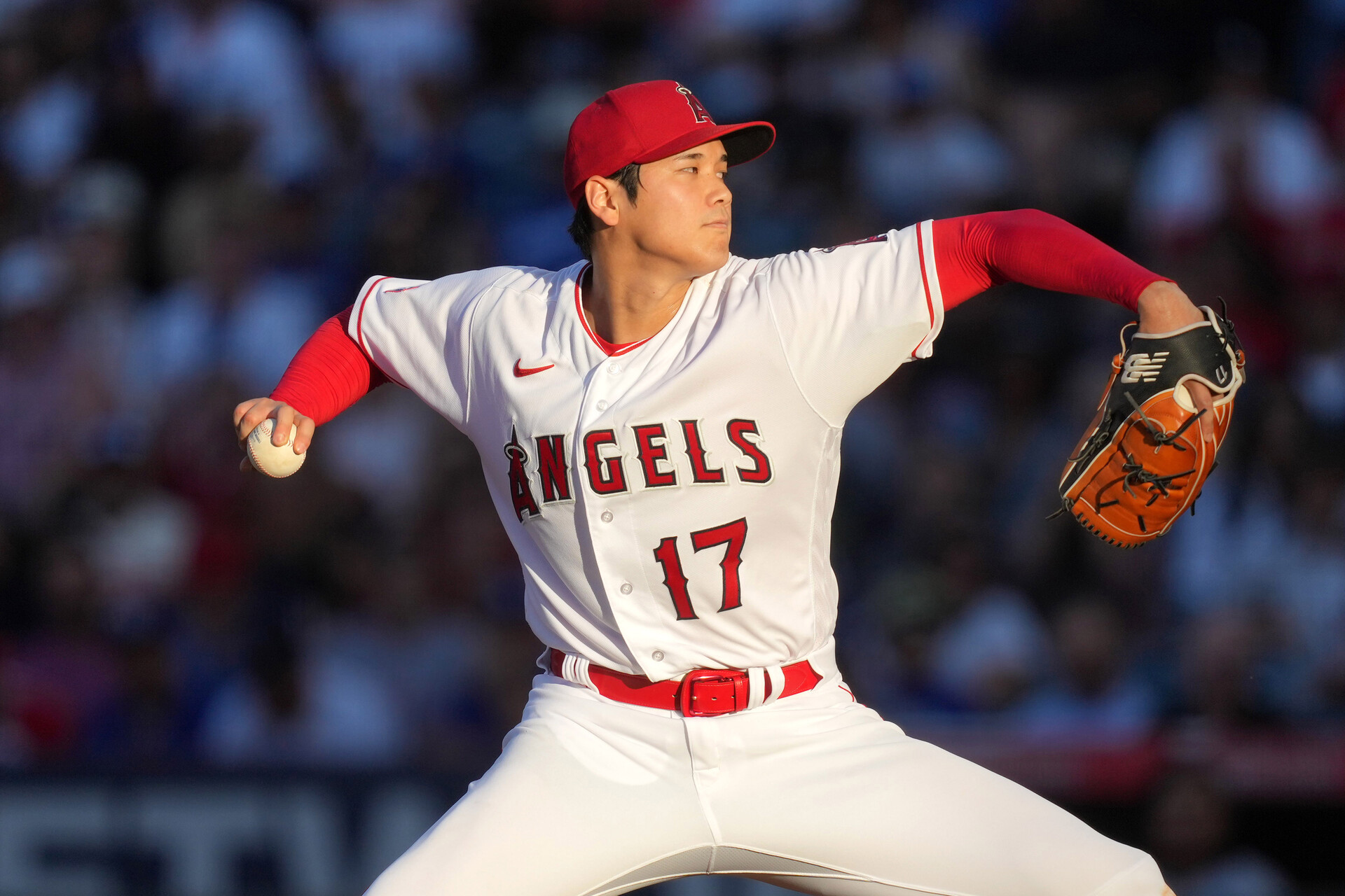 Jun 21, 2023; Anaheim, California, USA; Los Angeles Angels starting pitcher Shohei Ohtani (17) throws in the third inning against the Los Angeles Dodgers at Angel Stadium.