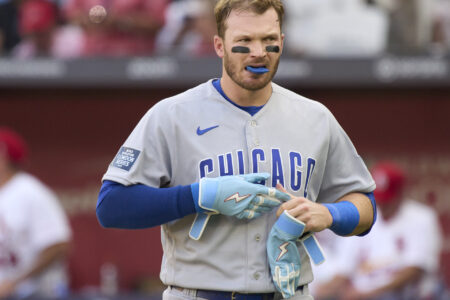 Jun 25, 2023; London, GBR, ENG; Chicago Cubs left fielder Ian Happ (8) reacts in the fifth inning against the St. Louis Cardinals in London series game two at London Stadium.