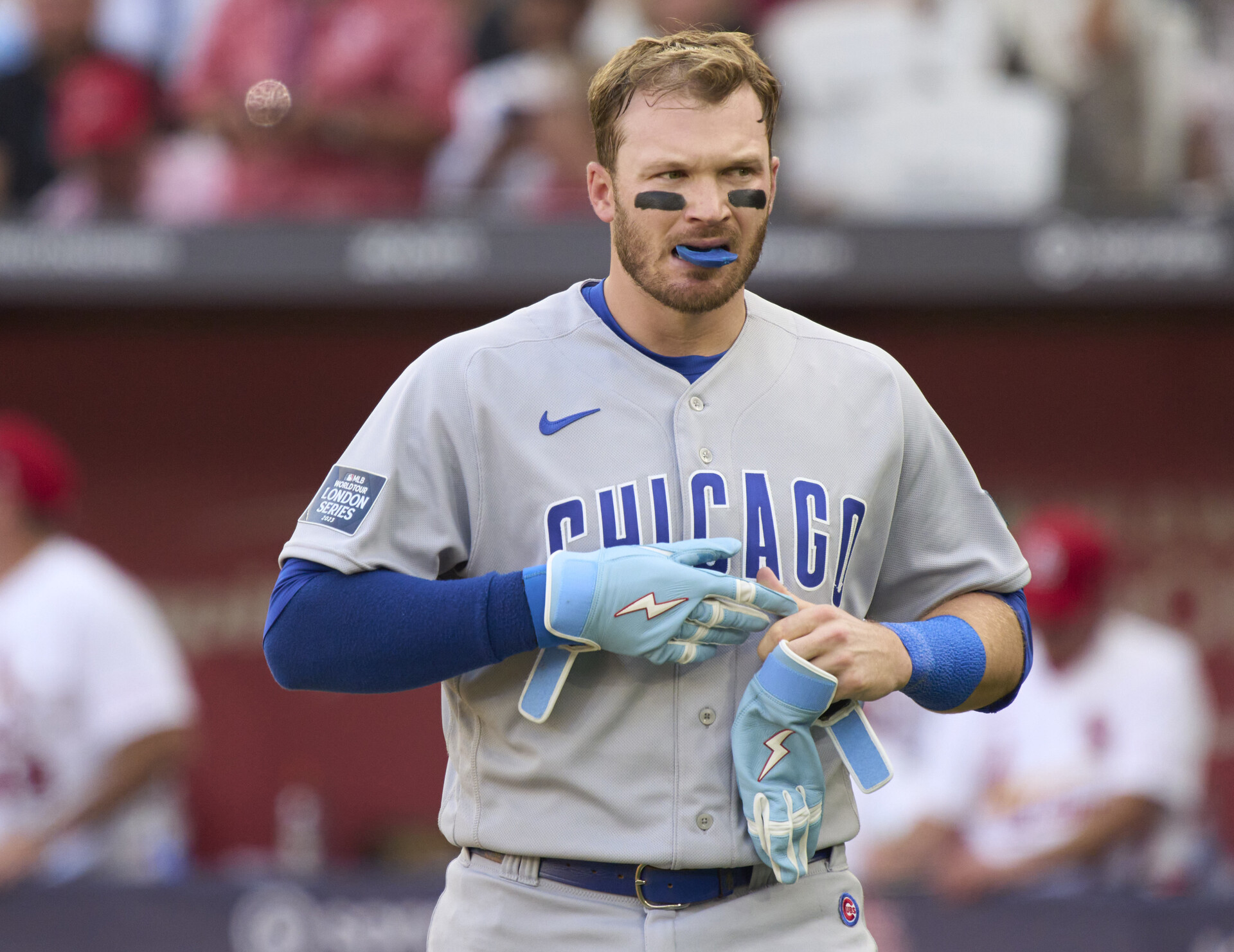 Jun 25, 2023; London, GBR, ENG; Chicago Cubs left fielder Ian Happ (8) reacts in the fifth inning against the St. Louis Cardinals in London series game two at London Stadium.