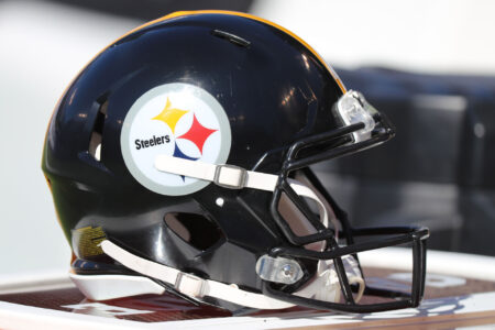 Pittsburgh Steelers helmet awaits use prior to the game against the Baltimore Ravens at M&T Bank Stadium.