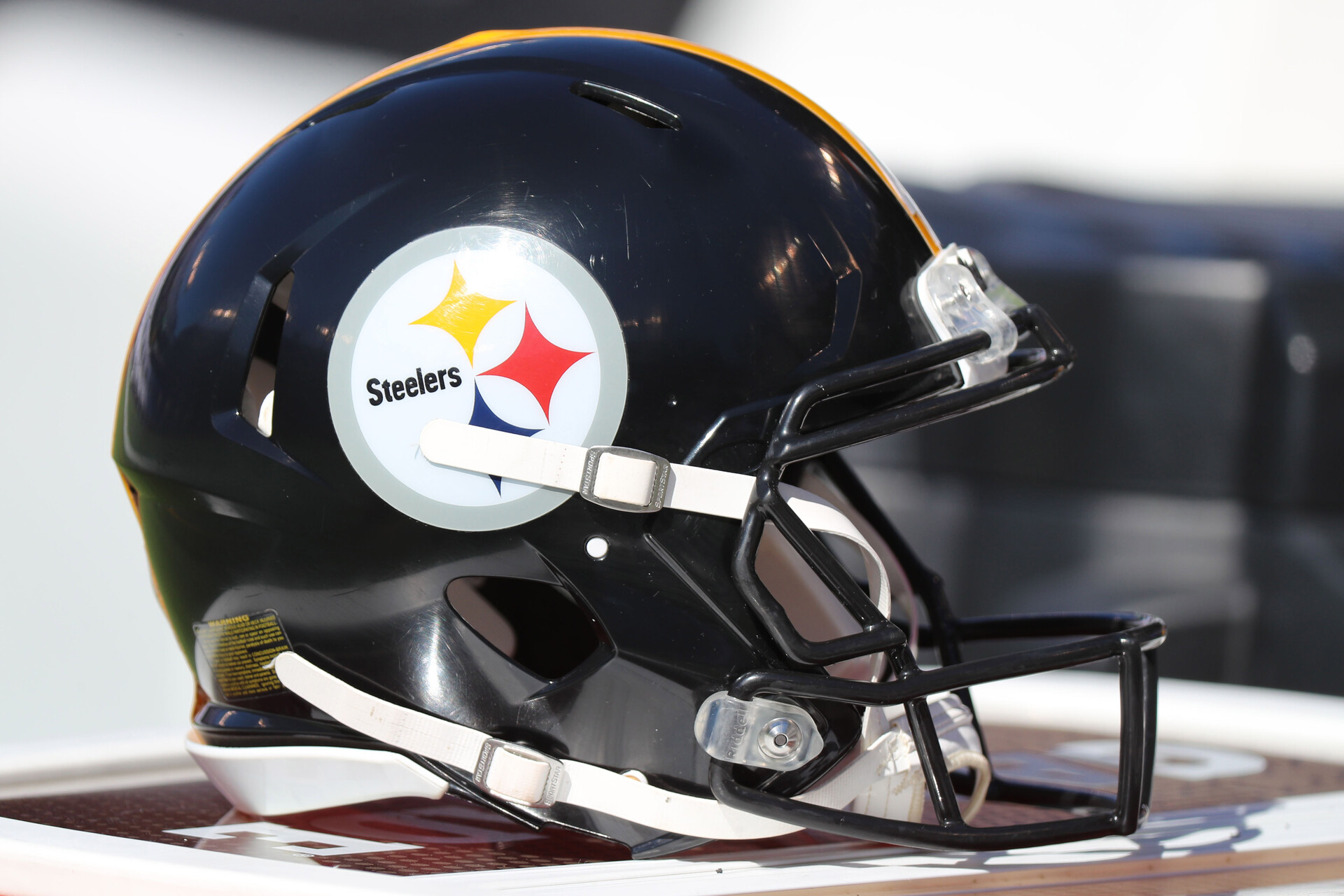 Pittsburgh Steelers helmet awaits use prior to the game against the Baltimore Ravens at M&T Bank Stadium.