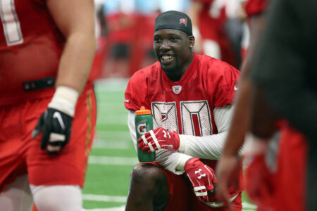 Tampa Bay Buccaneers defensive end Jason Pierre-Paul (90) smiles during training campat One Buccaneer Place.