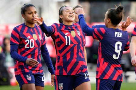 United States forward Sophia Smith (11) celebrates her goal with United States forward Mallory Pugh (9) against Uzbekistan during the 1st half of their game at Lower.com Field in Columbus, Ohio on April 9, 2022.
