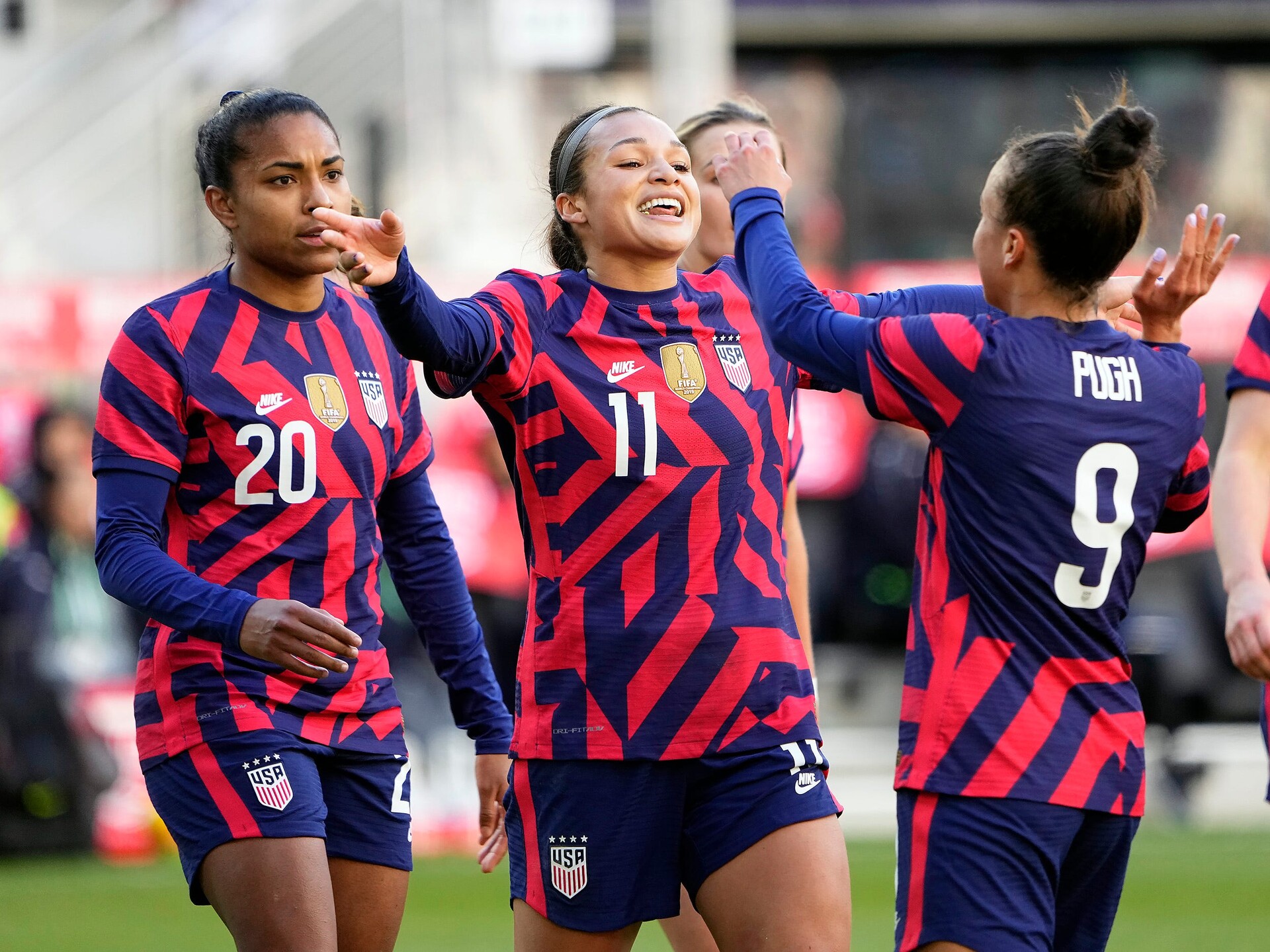 United States forward Sophia Smith (11) celebrates her goal with United States forward Mallory Pugh (9) against Uzbekistan during the 1st half of their game at Lower.com Field in Columbus, Ohio on April 9, 2022.