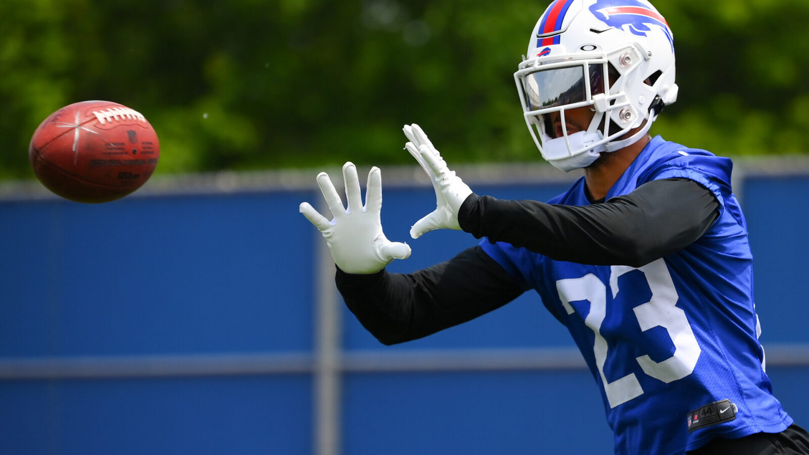 Buffalo Bills safety Micah Hyde (23) catches the ball during minicamp at the ADPRO Sports Training Center.