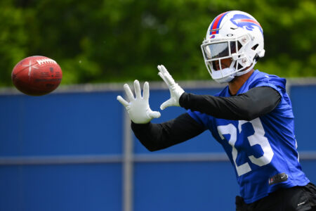 Buffalo Bills safety Micah Hyde (23) catches the ball during minicamp at the ADPRO Sports Training Center.