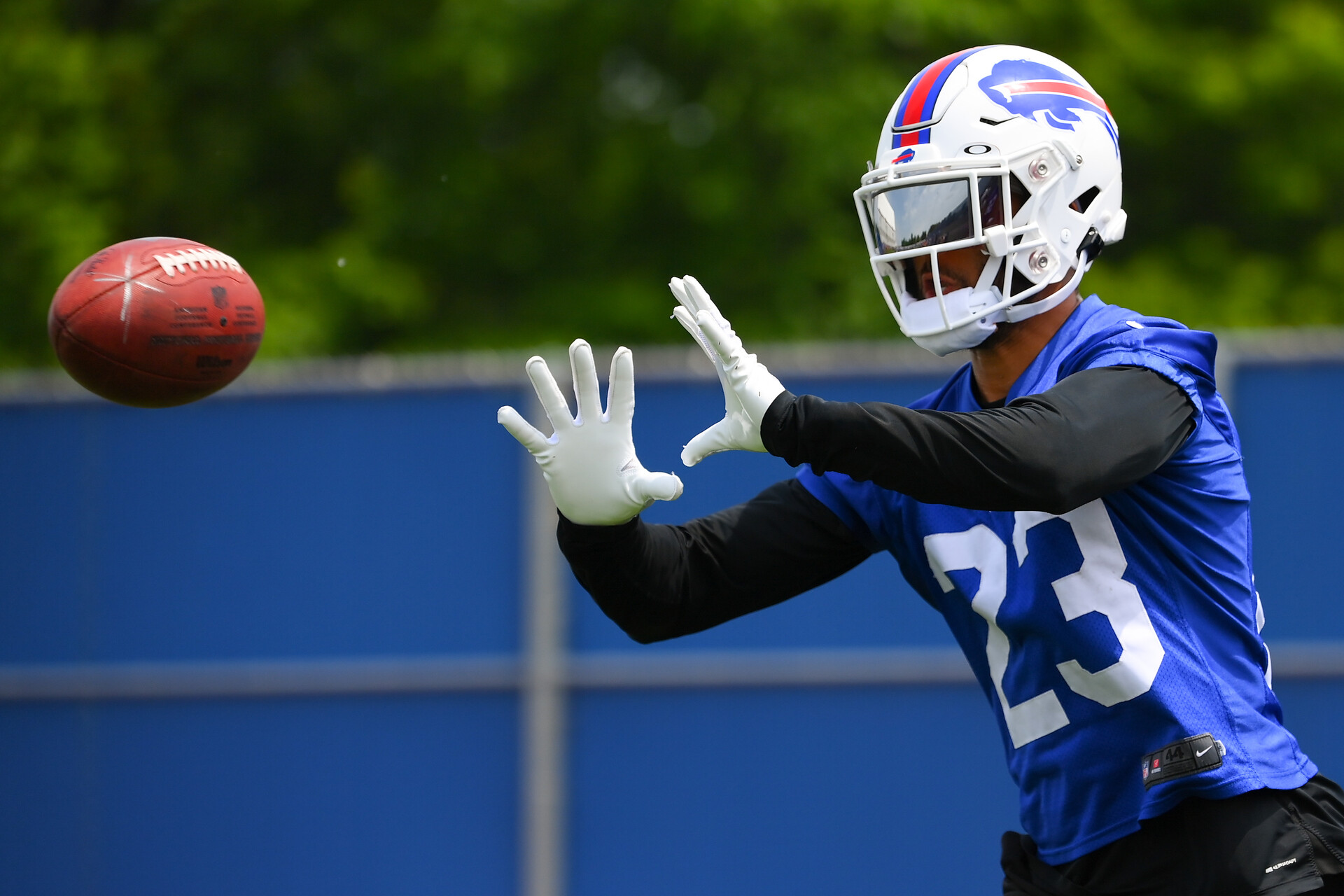 Buffalo Bills safety Micah Hyde (23) catches the ball during minicamp at the ADPRO Sports Training Center.