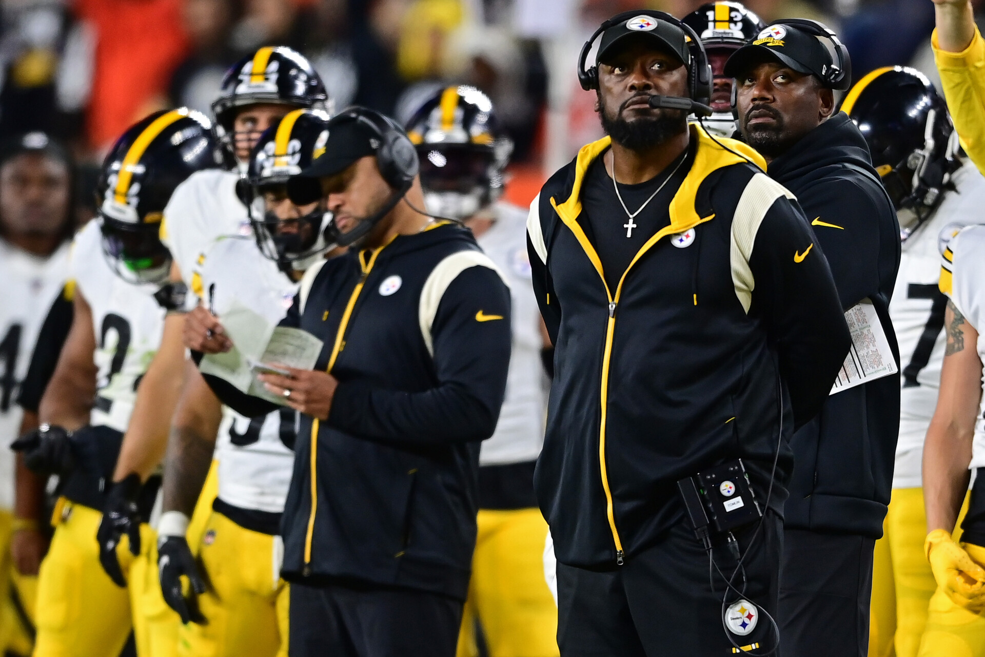 Sep 22, 2022; Cleveland, Ohio, USA; Pittsburgh Steelers head coach Mike Tomlin stands on the sideline during the fourth quarter against the Cleveland Browns at FirstEnergy Stadium.
